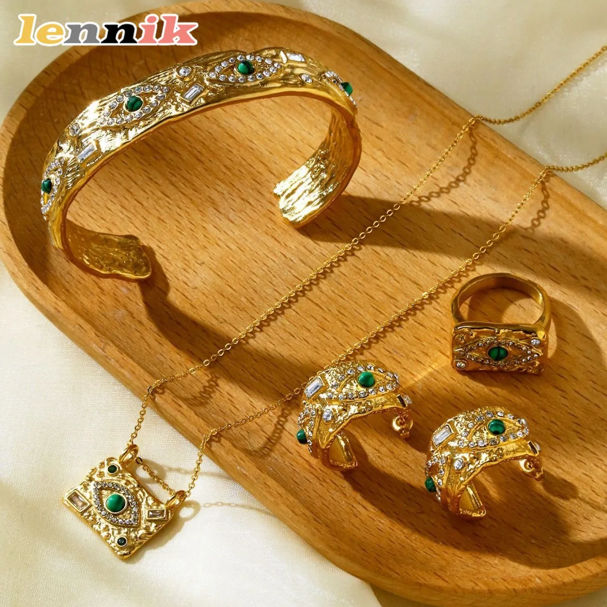 LENNIK Luxus Vintage Textur Teufel Auge Quadrat Anhänger Halskette Ring Ohrringe Offenes Armband Titan Stahl Schmuck Set