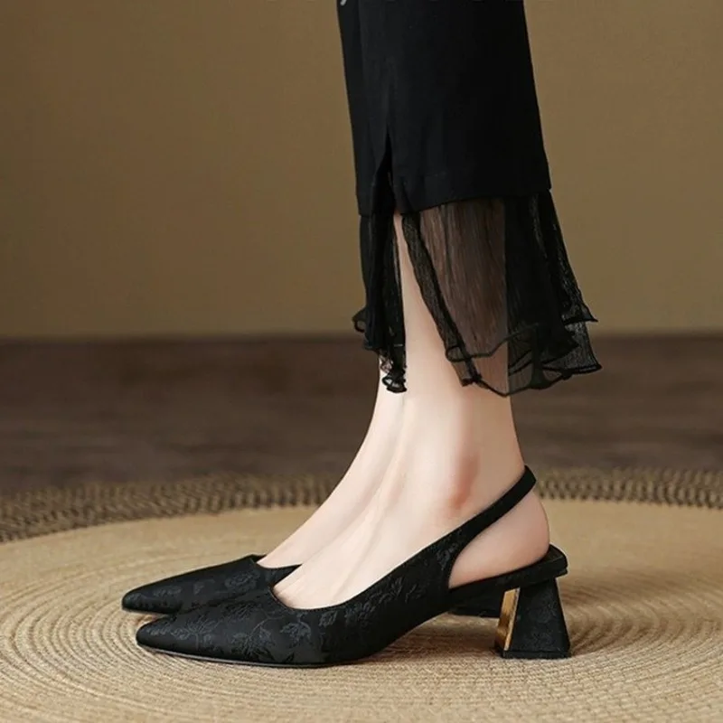 Elegant Slingback Sandals Women Summer Shoes Pink Black Nude Medium Heels Pumps Close Toe Office Party Shoe Female