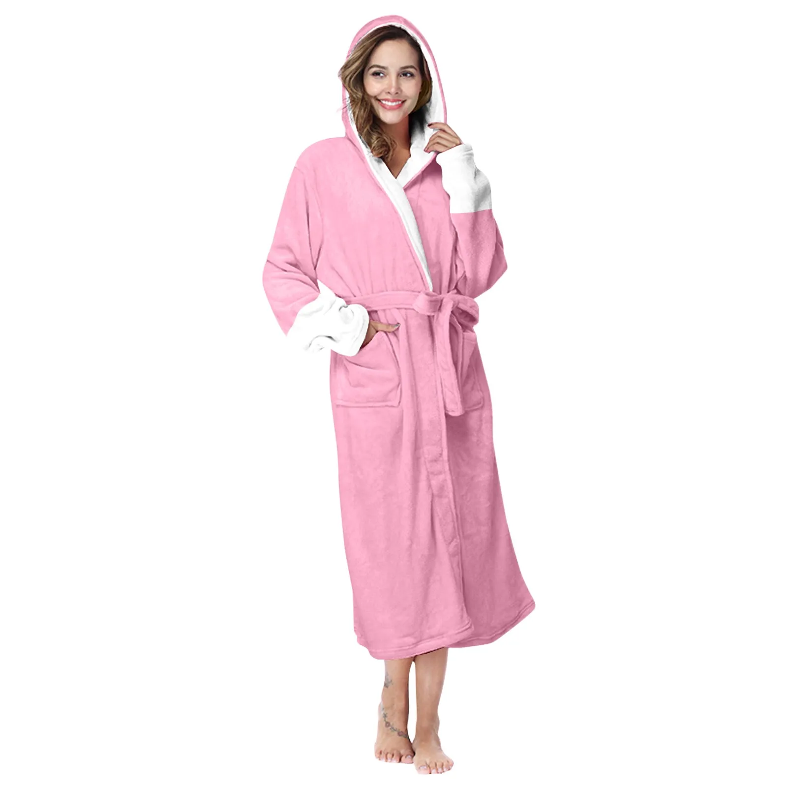 

Winter Warm Plush Lightweight Soft Nightgown Robes Female Casual Home Dressing Gowns New Autumn Solid Hooded Robe Bathrobe Women