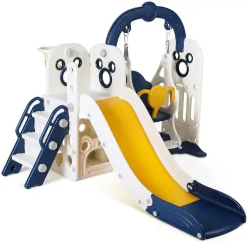 7 in 1 Toddler Slide and Swing Set, Kids Climber Playset with Ball & Hoop, Tele, Suction Cup Red Base, Baby Indoor