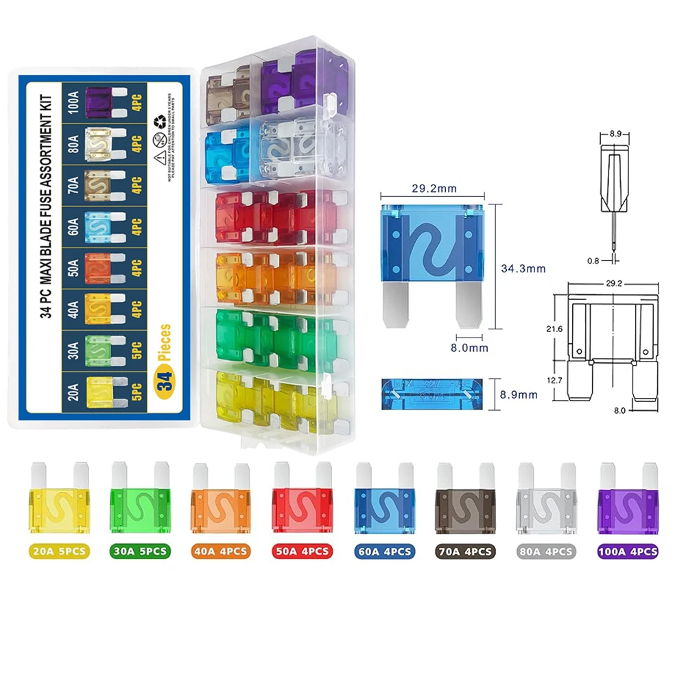 

34 Pieces Maxi Blade Fuse Assortment Maxi APX Replacement Fuse Kit 20A 30A 40A 50A 60A 70A 80A 100A for Trucks RVs Boats SUV