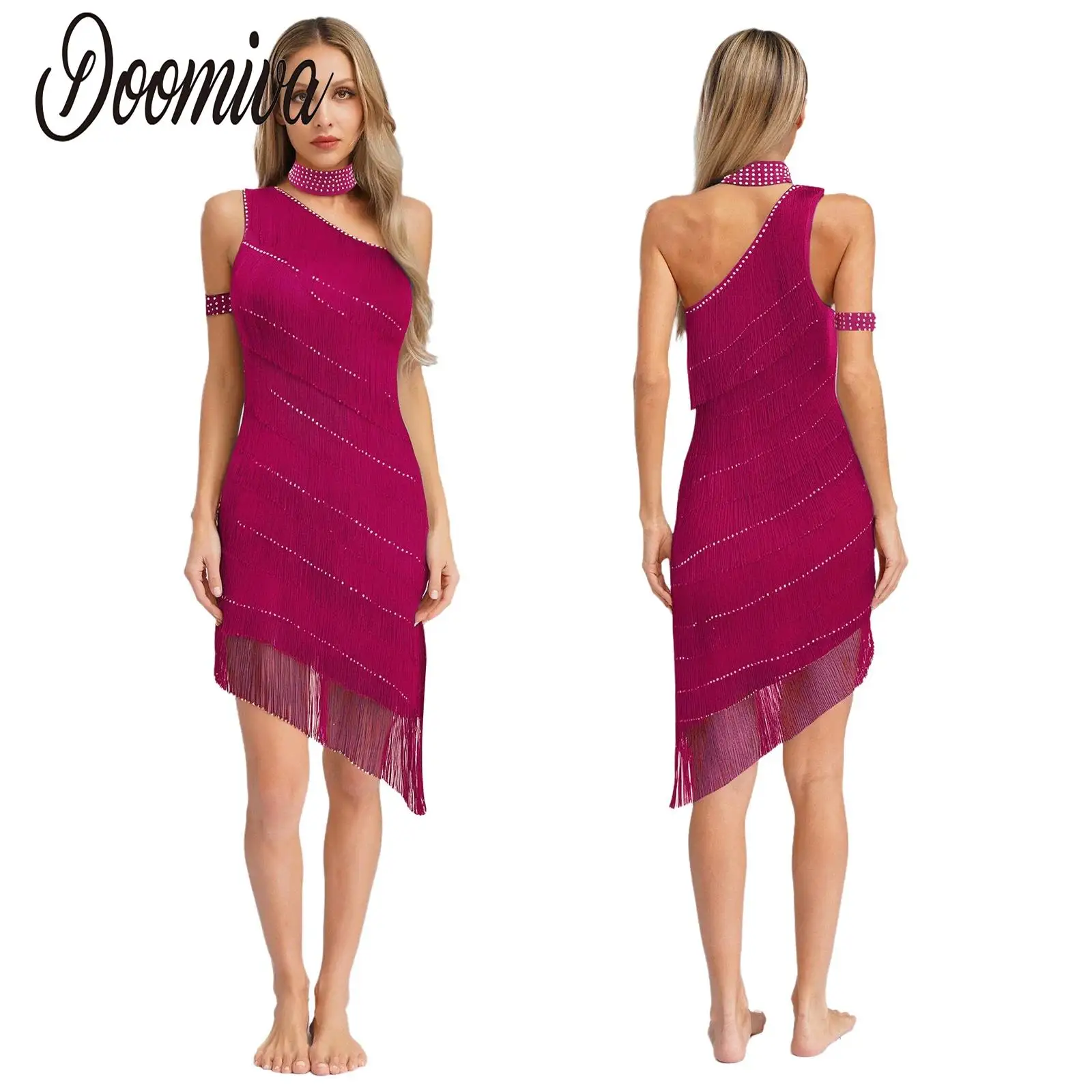 

Women Latin Tango Tassel Dress Set Rhinestone Sleeveless One Shoulder Dress with Choker and Armband Salsa Ballroom Dance Costume
