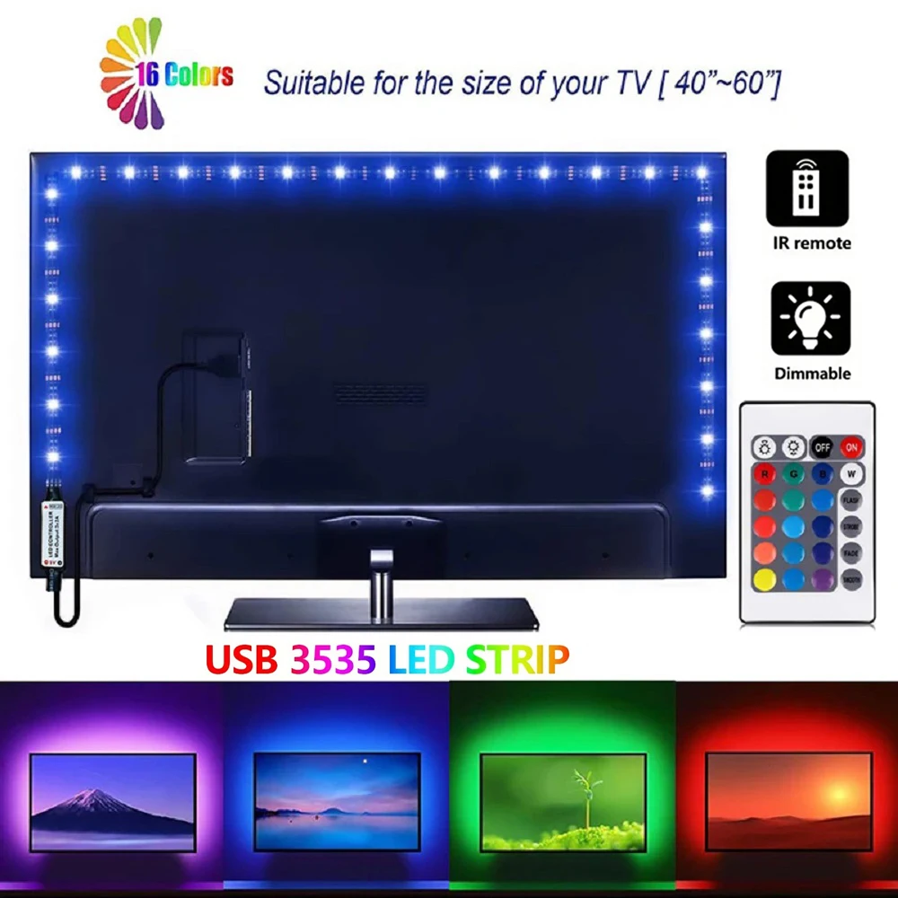 3.28Ft-98.43Ft RGB3535 LED Strip Lights 1 Set of TV Backlight Music Sync 24K Remote Control USB Powered Lamp for Home Decoration