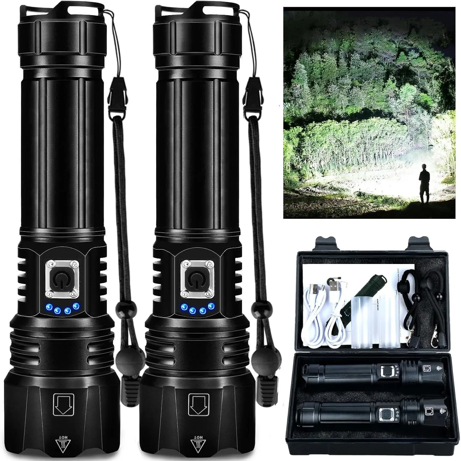 

Суперяркий перезаряжаемый светодиодный фонарь на 90 000 люмен с USB-кабелем, 5 режимов, водонепроницаемый, для кемпинга и дома — 2 шт.