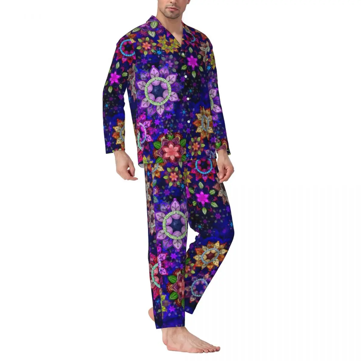 

Pajamas Man Vibrant Hippie Print Bedroom Sleepwear Watercolor Mandalas Two Piece Casual Loose Pajamas Set Oversized Home Suit