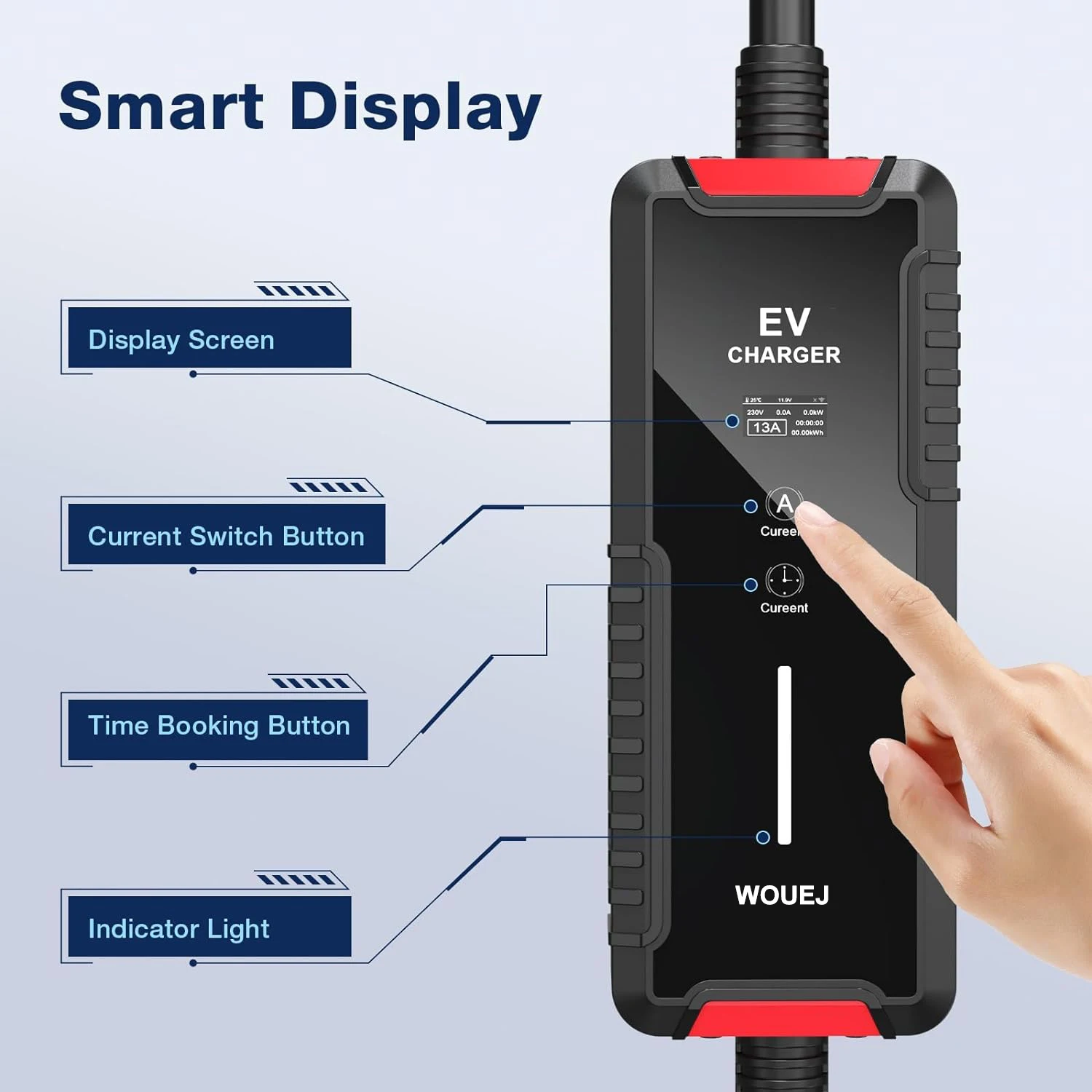 WOUEJ Portable EV Charger Type2 7KW  32A 1 Phase Adjustable Current Smart Timing Charging for Home & Outdoor Use with CEE Plug