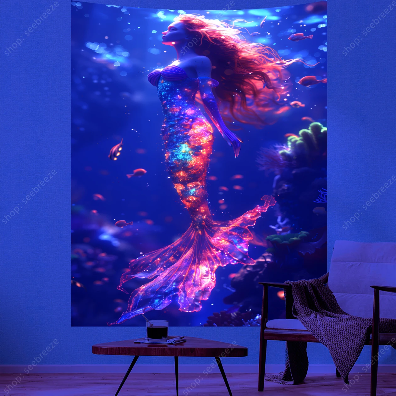 

Mermaid UV Reactive Tapestry Kawaii Room Decor Aesthetics Bohemian Tapestry Wall Hanging Bedroom Dorm Wall Decor Gift for Friend