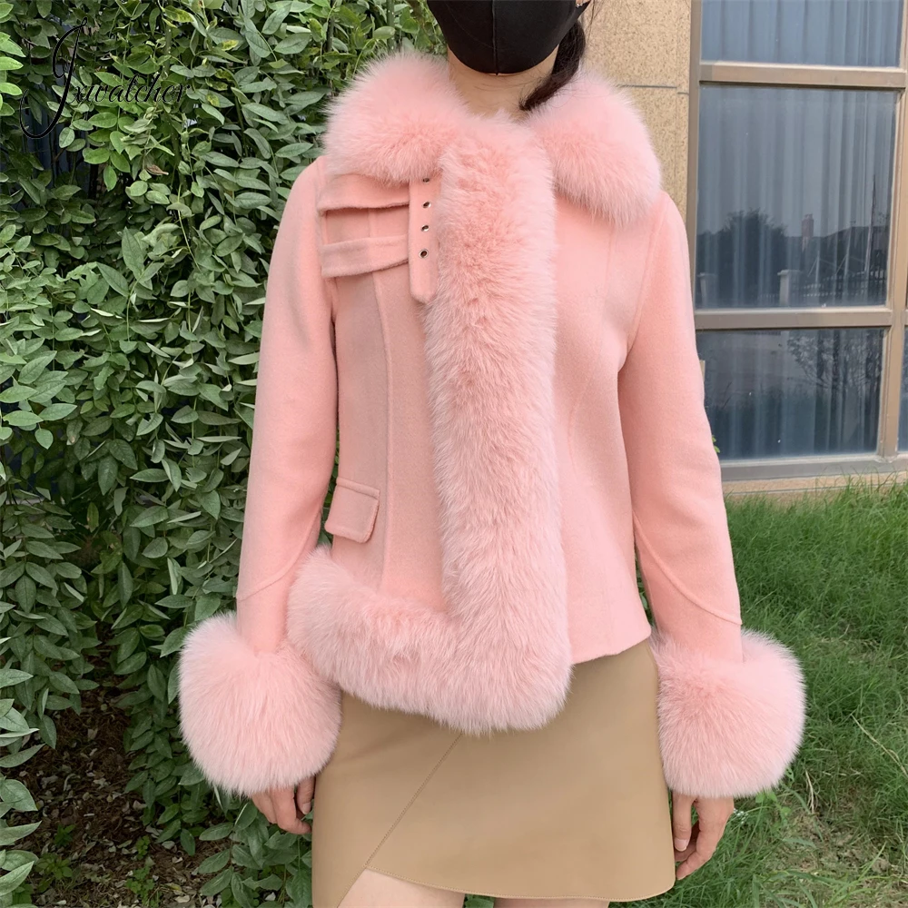 

Jxwatcher Women's Wool Jacket with Real Fox Fur Ladies Fall Fashion Stand Collar Woolen Coats Winter Coat Female New Arrival