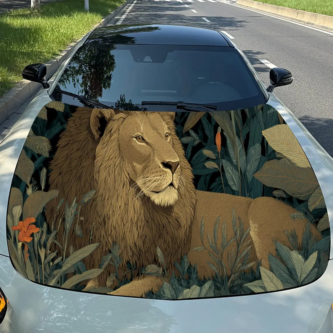 

Романтические наклейки на капот автомобиля с цветочным рисунком льва — самоклеящаяся, водонепроницаемая и прочная виниловая пленка, украшение и защита вашего автомобиля, подходит для