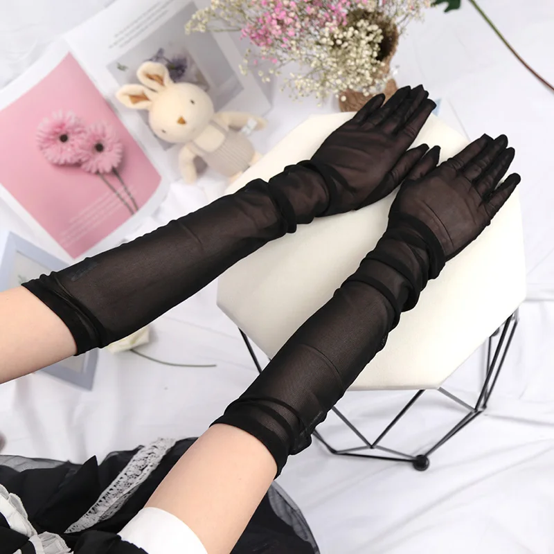 1pair Balck Sexy Lace Thin Transparent Long Over Elbow Gloves Seamless Elasticity Breathable Sun Protection Women Fishnet Gloves