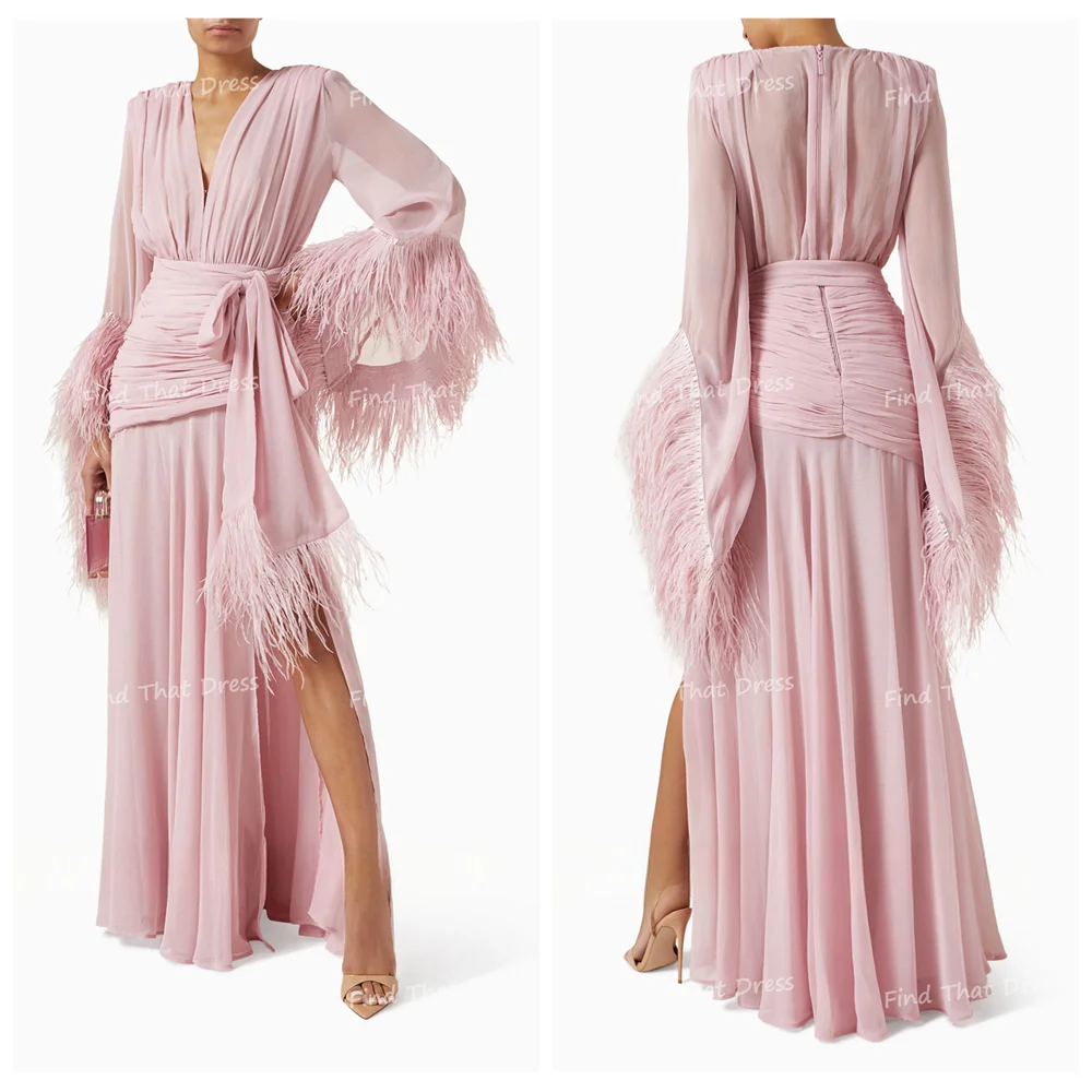 

Custom Made Pink V-neck Chiffon Tiered Pleated Straight Sexy Maxi Length Side Split Long Sleeve Evening Dress with Feathers