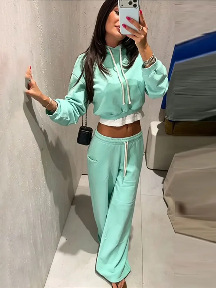 Women's 2-piece Sets Trousers Suits Hooded Jacket Short Top Long Sleeve Hoodies Drawstring Waist Wide Leg Pants Autumn Clothes