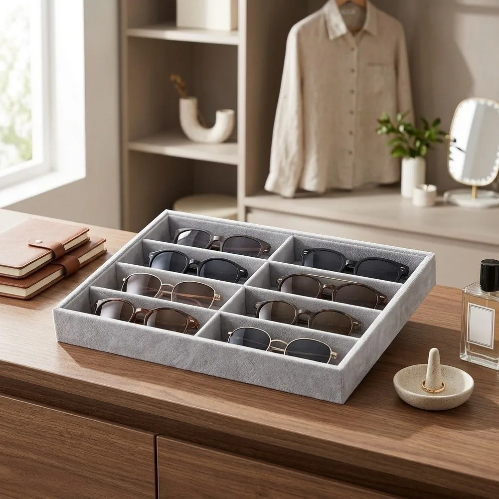 8 Compartment Velvet Organizer Tray for Jewelry Watches Glasses Stackable Storage Box Size 35x24x4cm Cloth Material