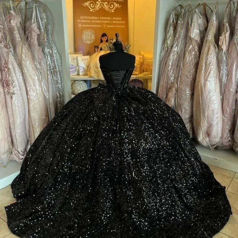 ANGELSBRIDEP-Vestidos de lantejoulas para baile, vestidos Quinceanera, elegantes e pretos, trem da capela, 15