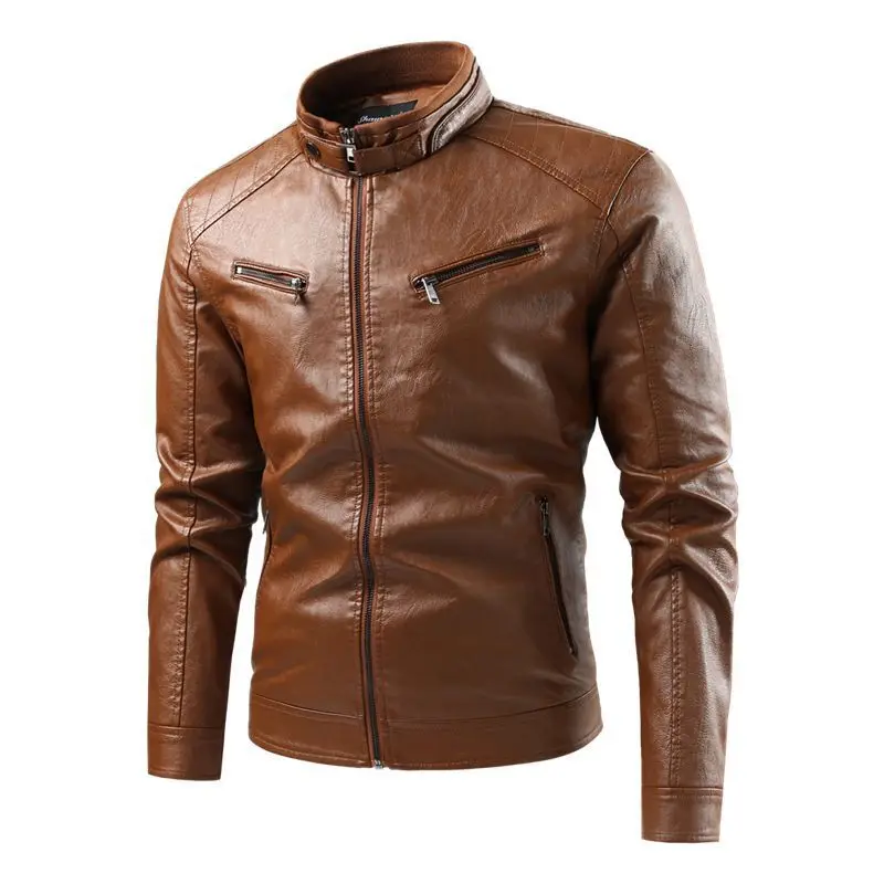 

Spring Autumn Men's Elegant Stand Collar Striped PU Leather Jacket Business Double Zipper Plus Size Motorcycle Leather Coat