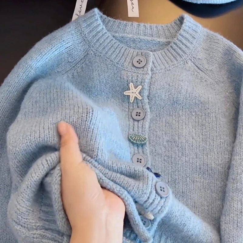 Autumn Girls Clothes Baby Casual Cardigan Ocean Blue Open Stitch Kid Soft Coat Children Sweater Toddler Knit Jackets Full Sleeve