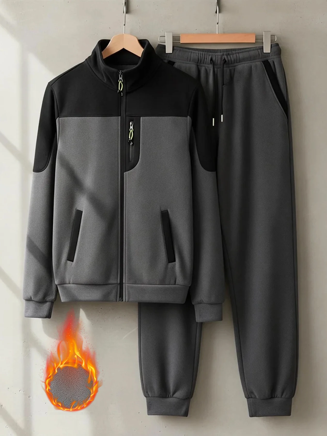 Men's Fleece-Lined Color-Blocked Stand-Collar Sports Jacket Two-Piece Set Drawstring Jogger Pants Casual Sportswear Versatile Set for Fitness, Walking, Commuting, and Home Use - view 5