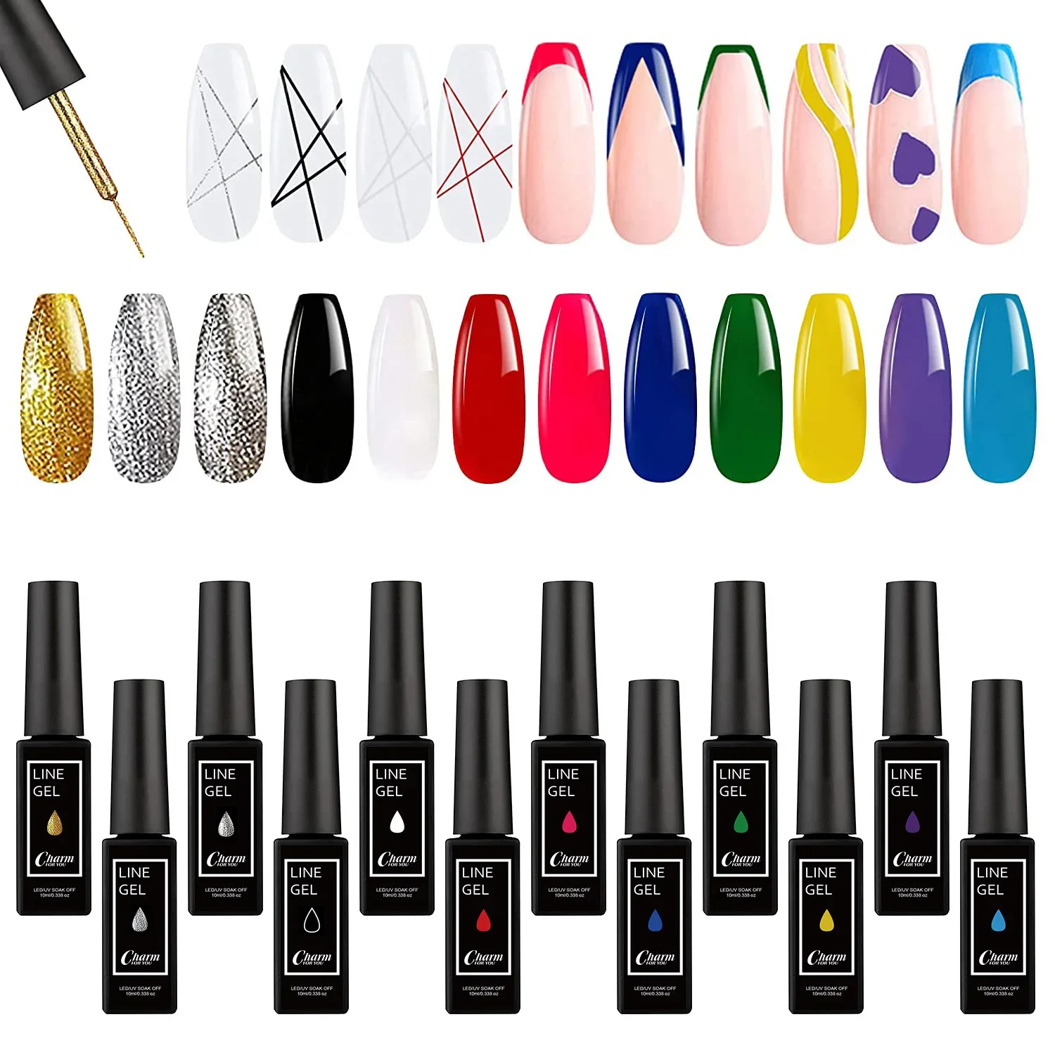 

12PCS 10ML Nail Art Gel Polish Kit Soak Off UV/LED Semi Permanent Liner Varnish Gel Nail Polish Lacquer Salon Painting Designs