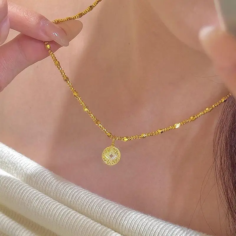 Sparkling crushed golden copper coin necklace new in Chinese style pendant double-sided collar chain Banquet party jewelry