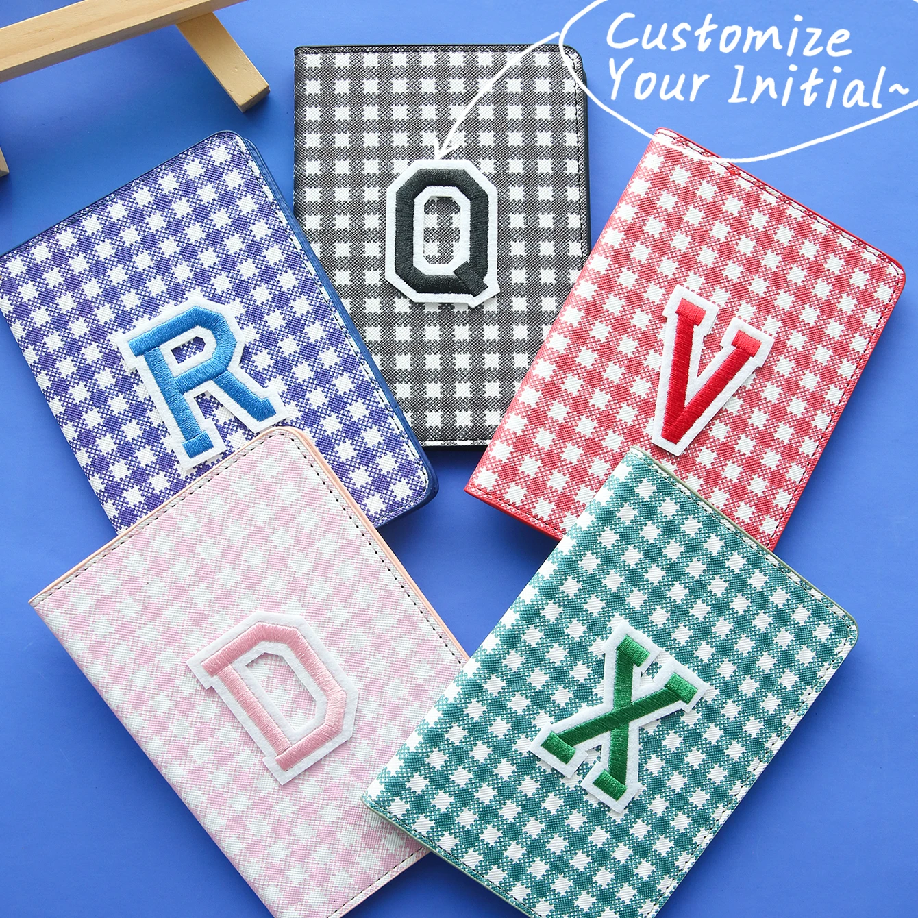 1PCS Custom Initials Passport Holder Personalized Colorful Plaid Passport Cover with Baseball Style Letter