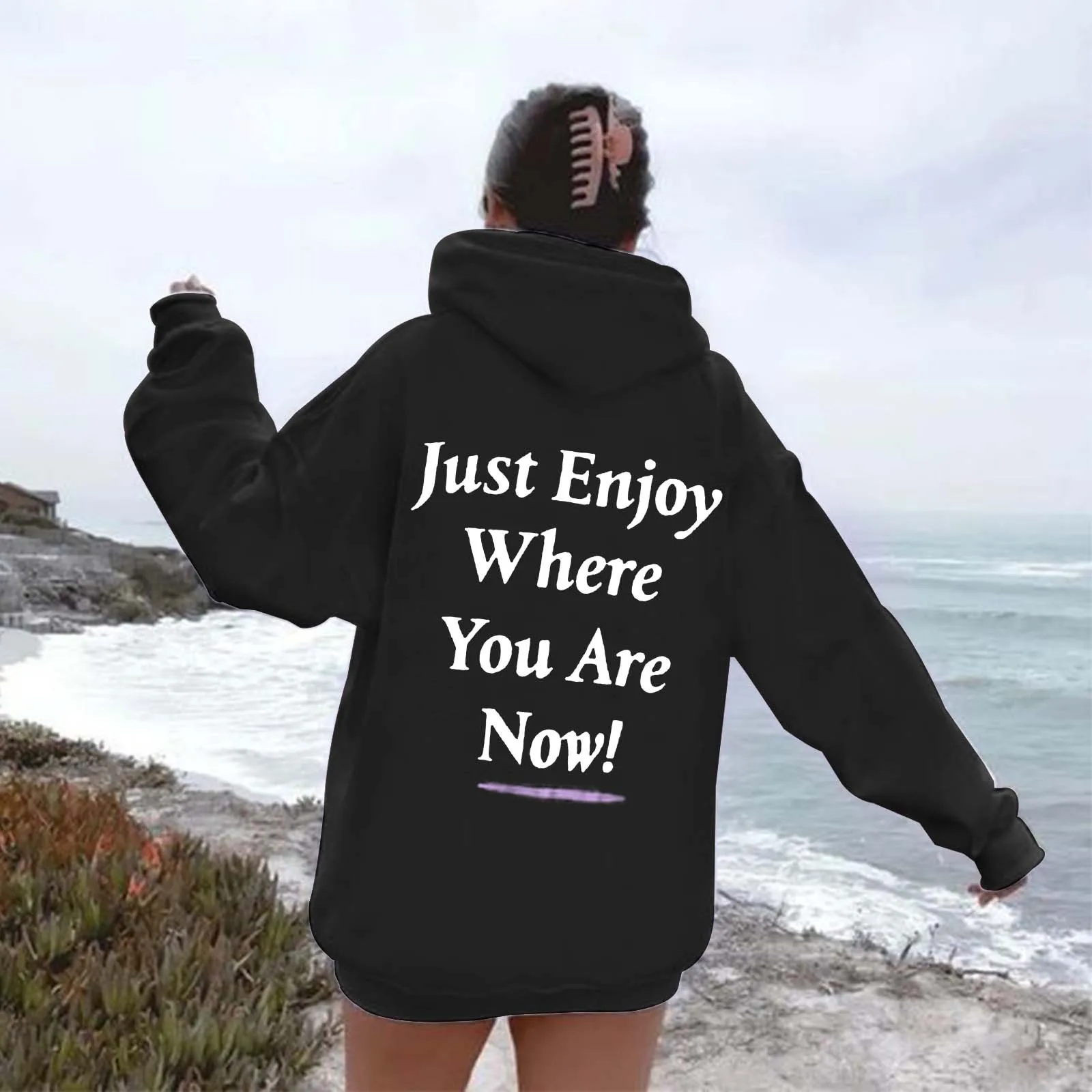 Just Enjoy Where You Are Now Women Amazon new hooded plus velvet printed solid color sweatshirt