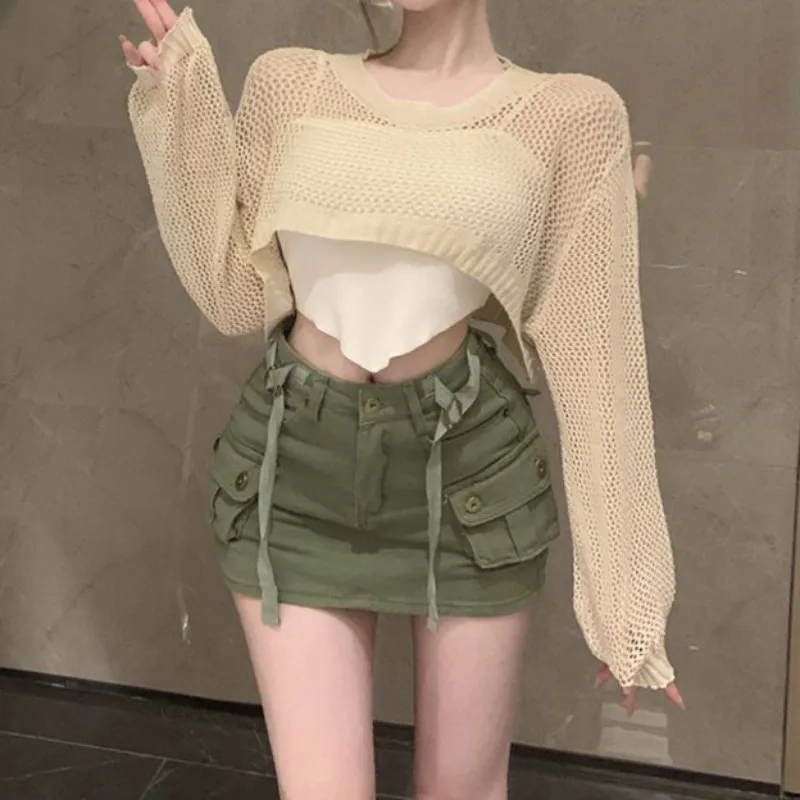 Women Crochet Knit Hollow Out Crop Top Long Flared Sleeve Shrug Sweater Mesh Cover Ups Cardigan Streetwear Pullover  Shirt