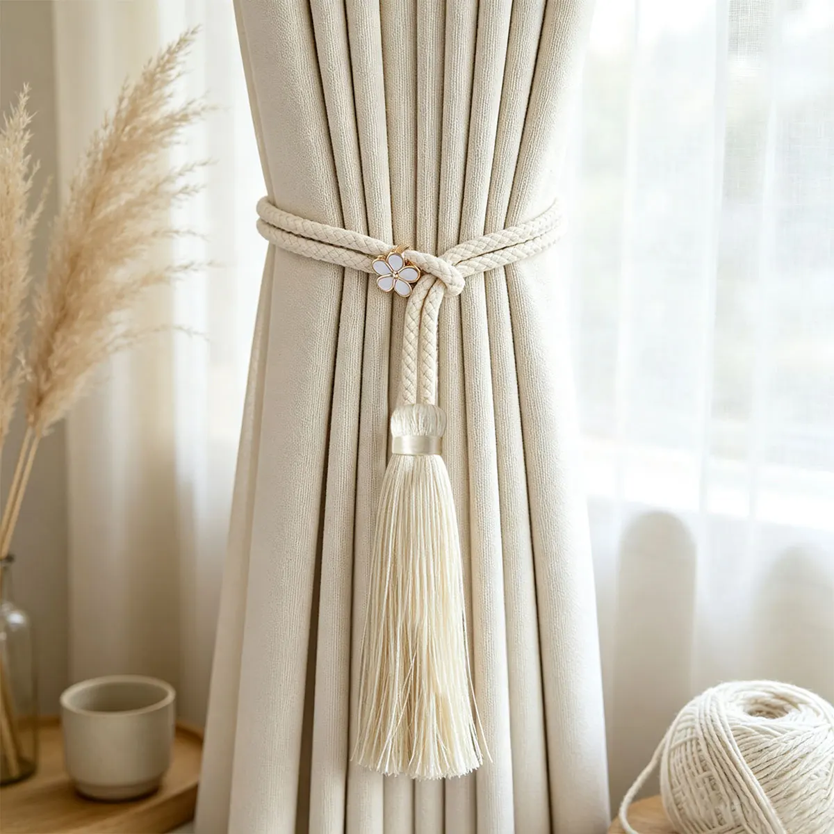 2Pcs Floral Curtain Tiebacks Curtain Holdbacks Flower & Long Tassel Pendant Window Drape Buckle for Home Room Decor