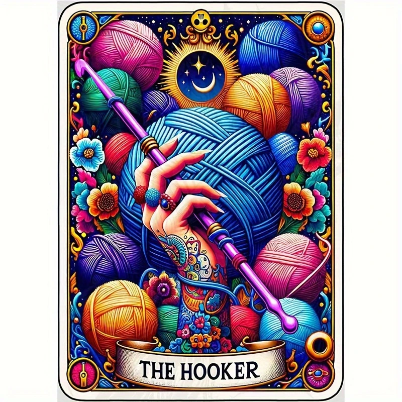 Tarot Card Tattoo Hand Crochet Hook Yarn Diamond Painting, Colorful Floral Celestial Art Scenery for Living Room Decor & Gift