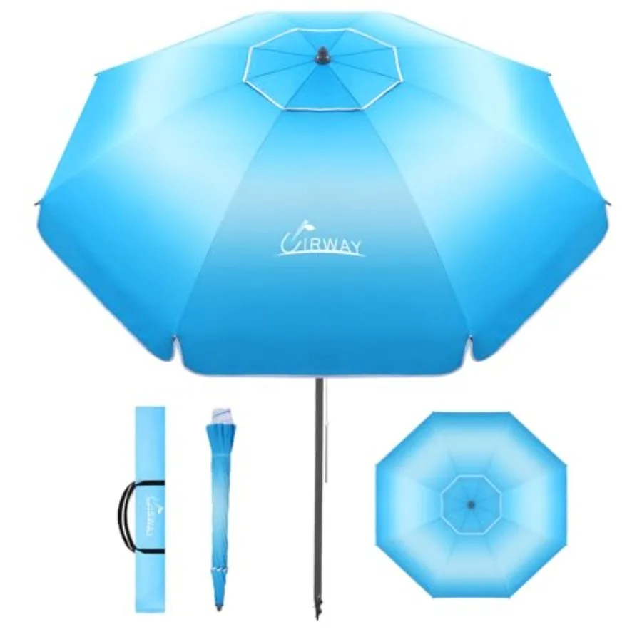 

Beach Umbrella: Heavy Duty Windproof, Polyester Fabric, Navy Blue, UV Protection Tilt Function for Beach, Patio, Garden, Pool,