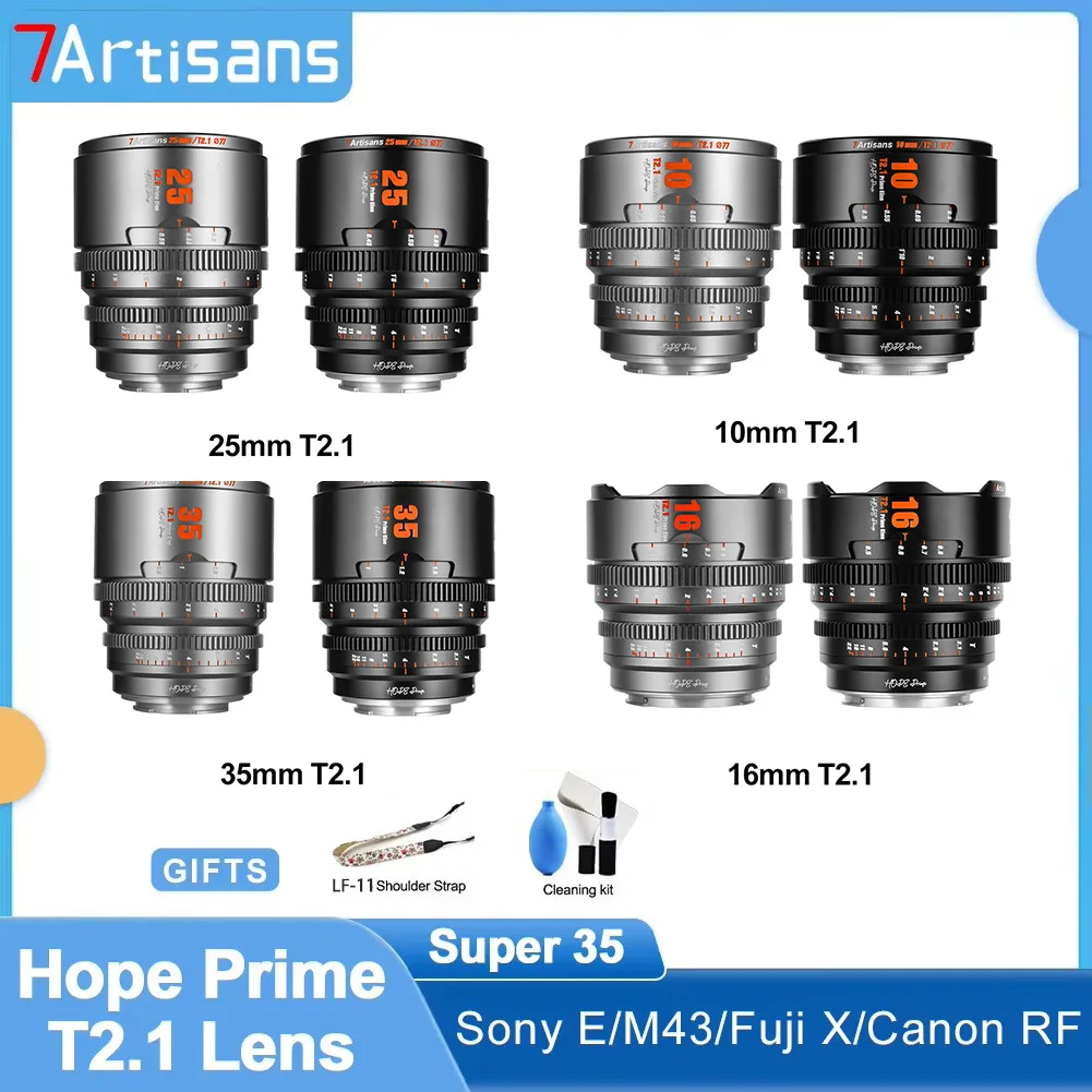 เลนส์ 7artisans Hope Prime Super 35 Cine 10 มม. 16 มม. 25 มม. 35 มม. 50 มม. 85 มม. T2.1 สำหรับ Sony FX30 RED GH9 Fujifilm XT5 Canon RF M43