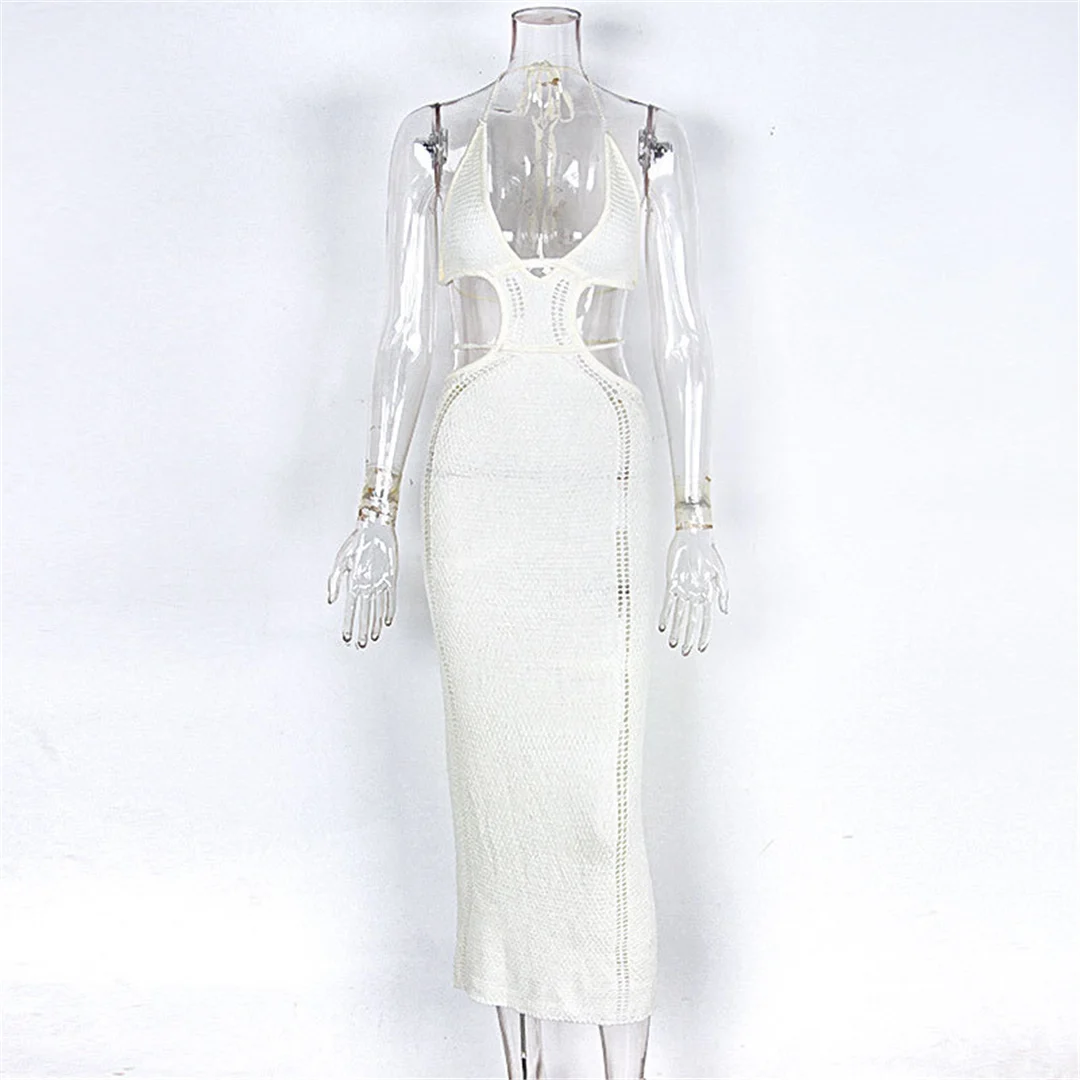 Sexy V-Ausschnitt Neckholder Cut-Out Häkel-Strick-Tunika Strandkleid Strandmode Strandbekleidung Strand-Cover-Up Damen V4822 – Detail 16