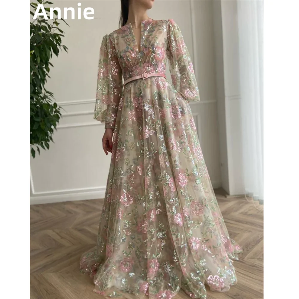 Annie luxo bordado lantejoulas vestidos de baile elegantes vestidos de mangas compridas femininos فساتudedṁvestido de festa de tule personalizado