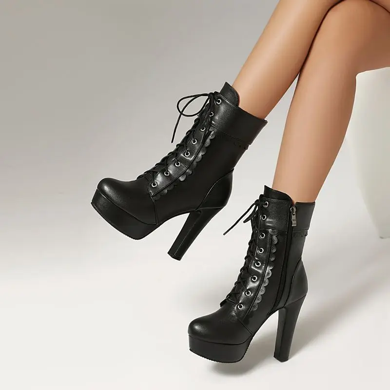 

Fashion Women Short Boots Round Toe 11.5cm Chunky Heels 3cm Platform Zipper Lace Up Oversize 45 46 47 Ankle Fall