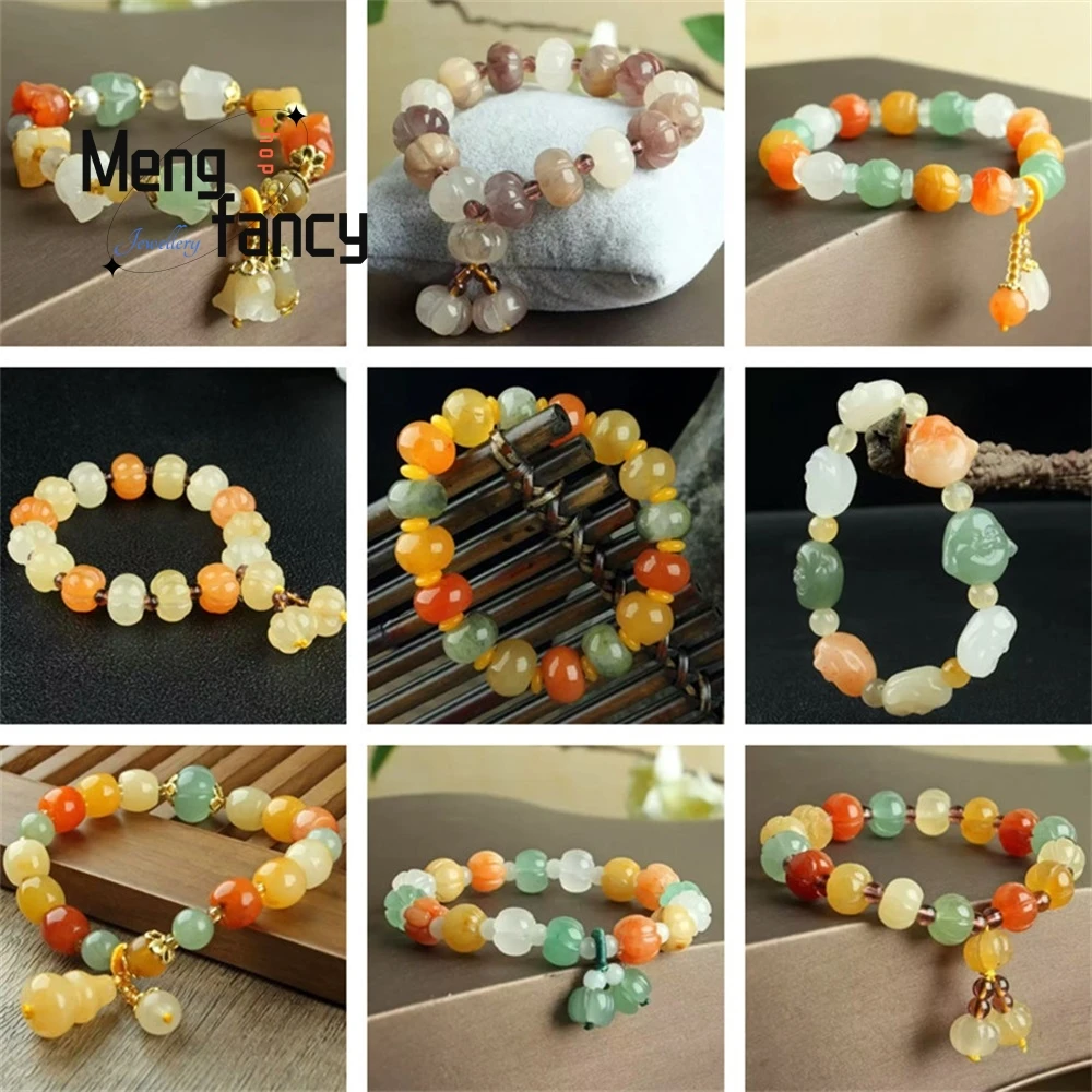 

Natural Golden Silk Jade Candy-colored Multicolored Pumpkin Bead Buddha's Head Lotus pod Bracelet Couple Popular Fashion Jewelry