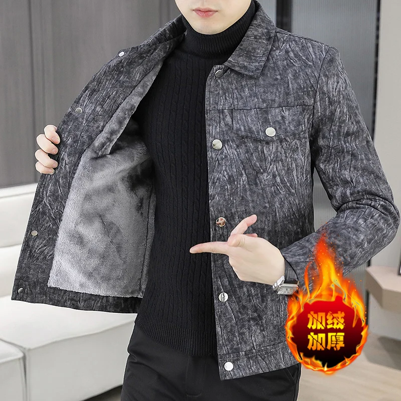 

Autumn Winter Men's Lapel Woolen Jacket Fashion Korean Casual Thick Velvet Jackets Slim Fit Business Social Wool Blends Overcoat