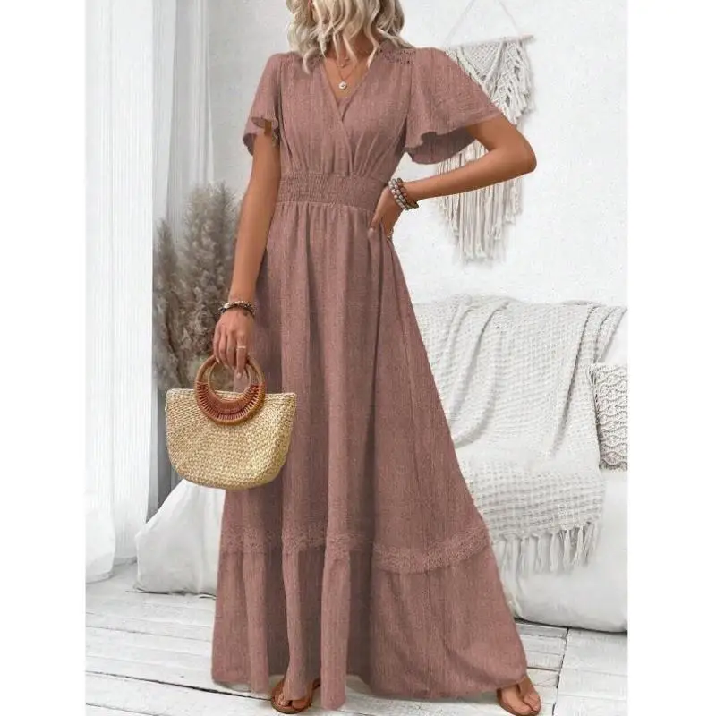 

Faionable Pure Color V-Ne ort Sve Floor-Length Dr Women's H 06 Sle Casual Sportswear Set Autumn Seven-Quarter S...