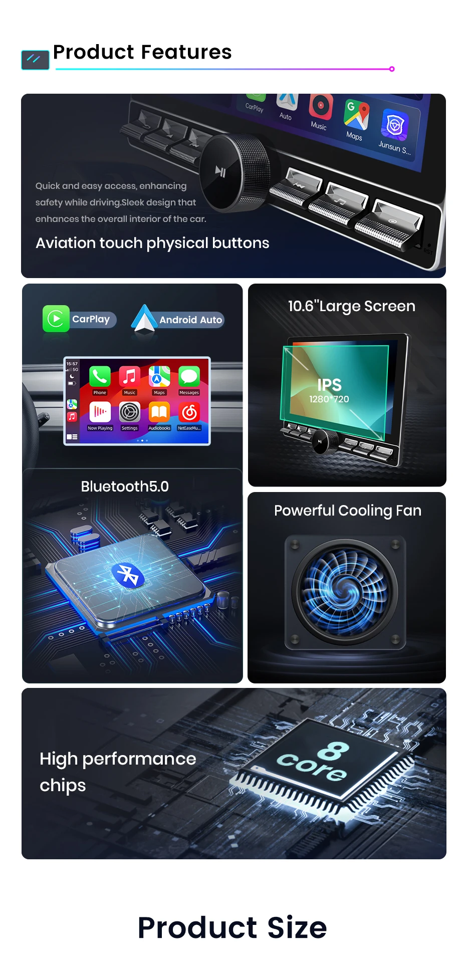 Junsun 10 Zoll drehbarer IPS-Touchscreen 1 Din Universal Wireless für Apple Carplay Android Auto Autoradio Androidauto Stereo Multimedia-Videoplayer Smart Intelligent Systems GPS-Navigation Head Unit Autoradio WIFI BT 4G WIFI FM AM DSP RDS SWC – Detail 2
