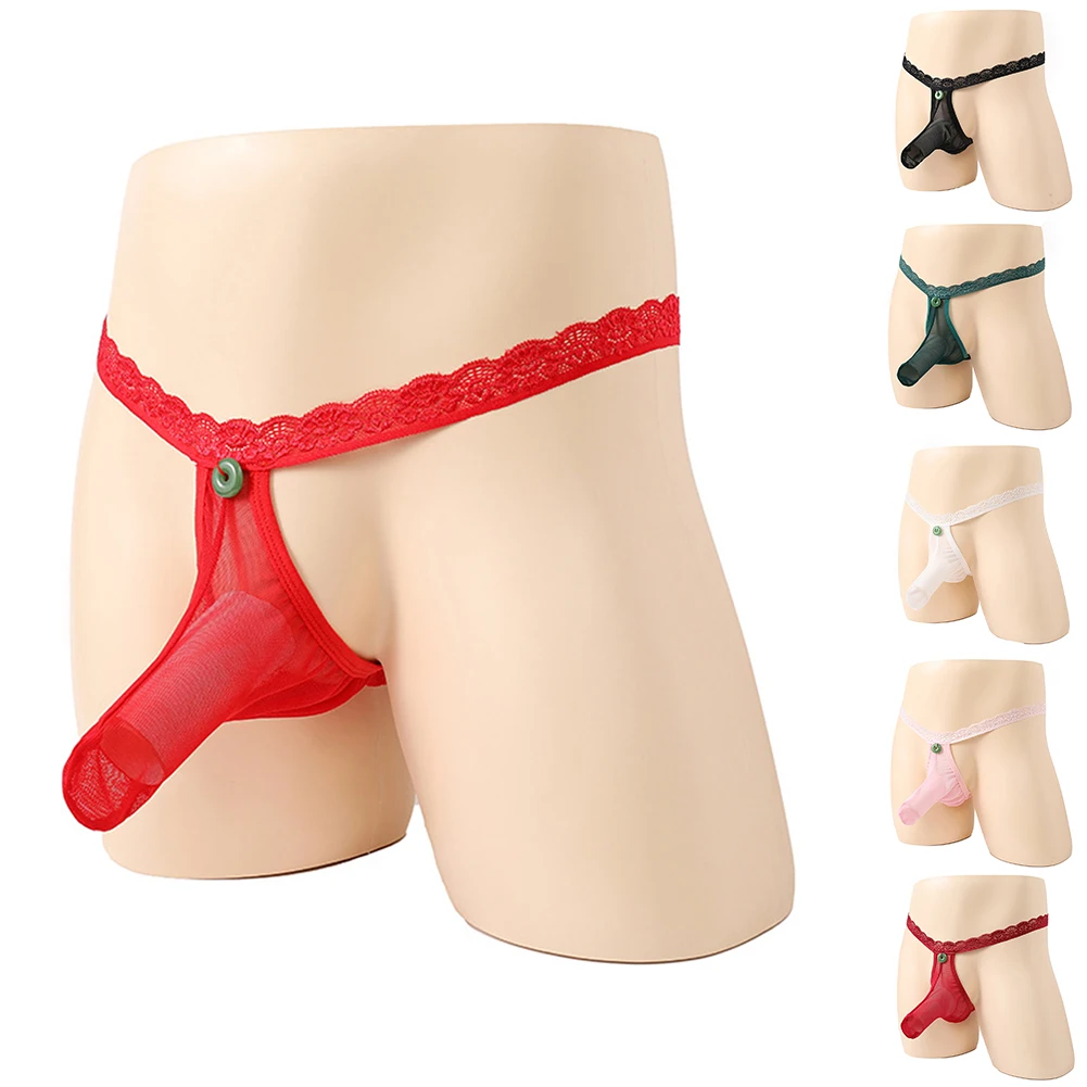 

Mesh G-String Lace See Through Underpants Dark Red Men's Sexy Lace Underwear Thong Jockstraps New Condition Thong