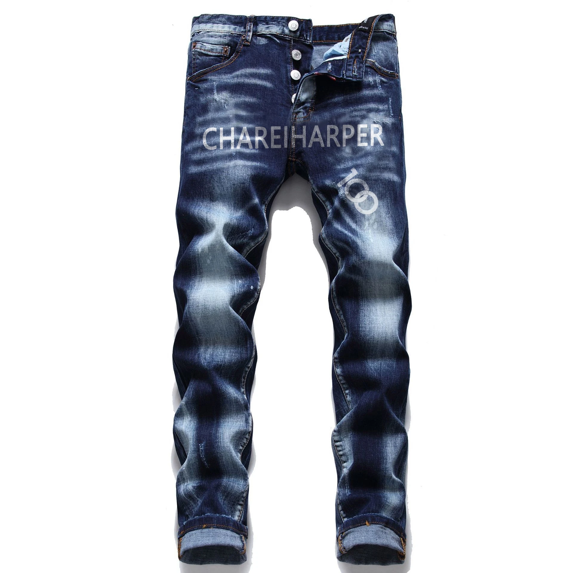 chareiharper dsq1093 plus size Ripped patch Laser burned d2 jeans Men's stretch slim straight tube fashion street style