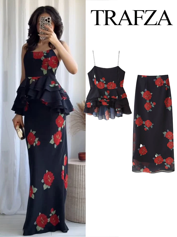 

TRAFZA Summer Women Skirt Sexy 2-Piece Set Backless Flower Printed Laminated Decorative Suspender Top+High Waist Slim Midi Skirt