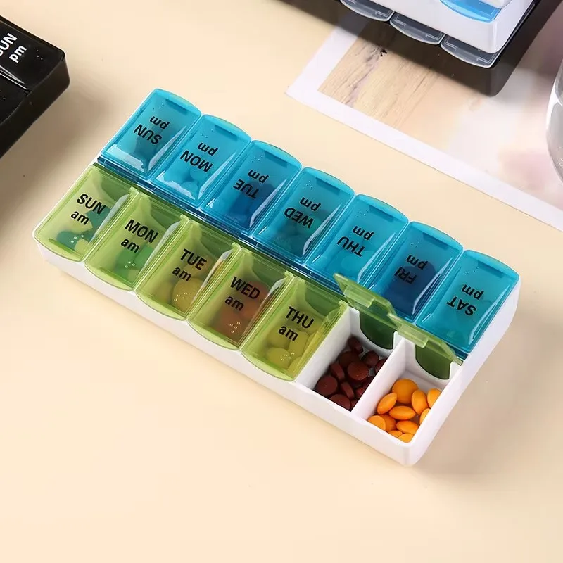 Dubbele rij verpakking 14-daagse draagbare handige medicijndoos 7 dagen per week medicijnopbergdoos met grote capaciteit