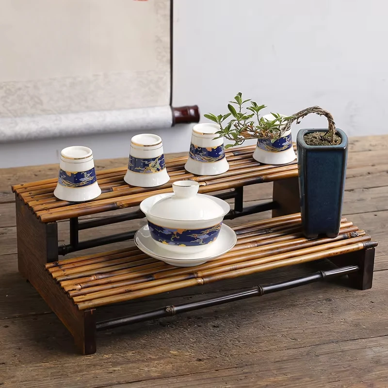 

Mountain Bamboo Two-Tier Tea Cup Stand, Tea Set Organizer, Drying and Draining Rack, Teapot Storage, Tea Ceremony Ornament