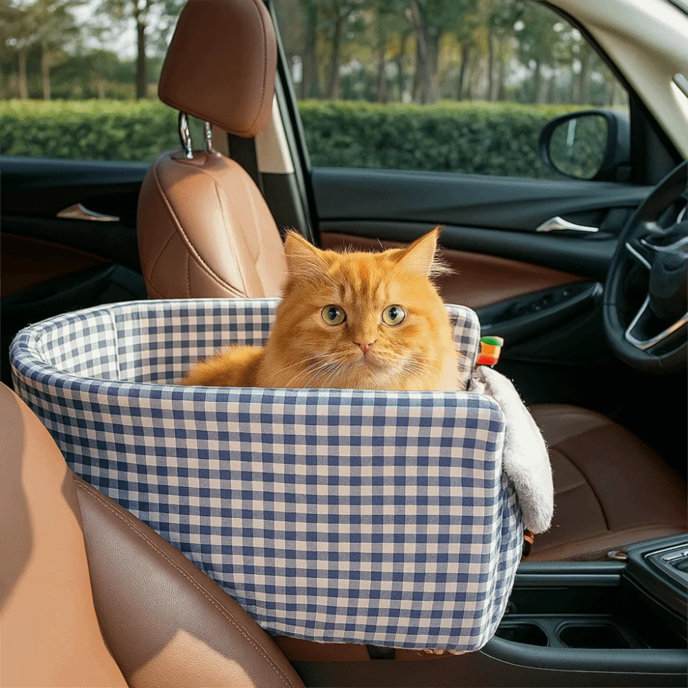 

Square Dog Car Seat Large Capacity Checkered Design Pet Car Safety Seat Comfortable Soft Pet Central Control Car Seat