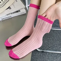 Summer Socks Women Hollow Out Mesh Thin Breathable Elastic Long Socks Casual Fashion Solid Color School Girls Middle Tube Socks