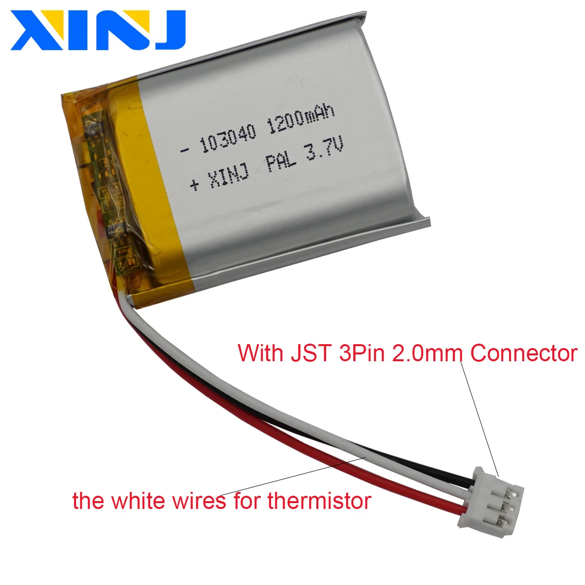 3.7V 1200mAh 4.44Wh 103040 JST 3Pin 2.0mm Plug 3-Wires Thermistor Li Polymer Battery For GPS Bluetooth Speaker LED Light DashCam