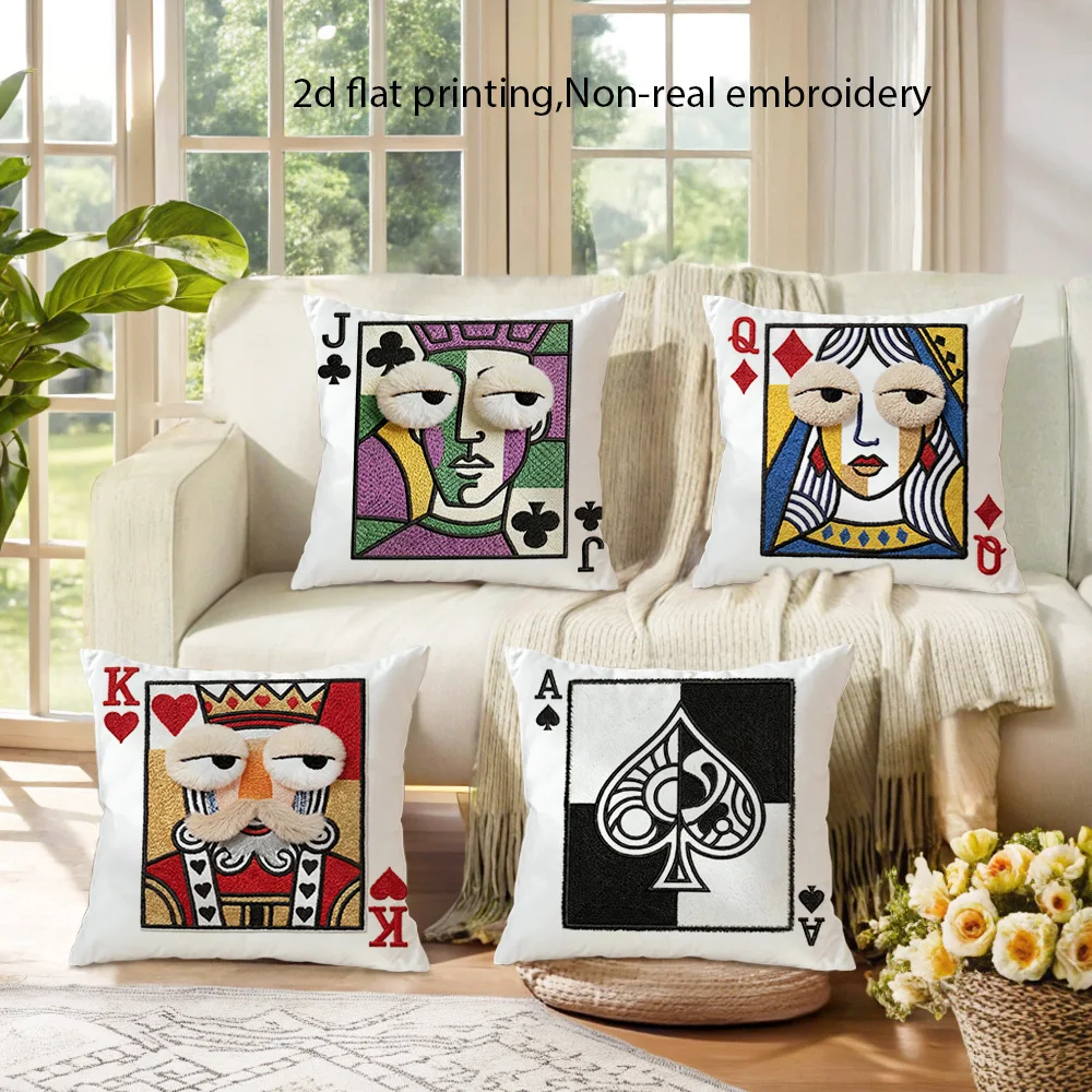 

Оригинальные наволочки в стиле игровой комнаты, с изображением игральных карт (Джокер, Дама, Король, Туз) и плюшевым принтом лица, уютный декор для дома