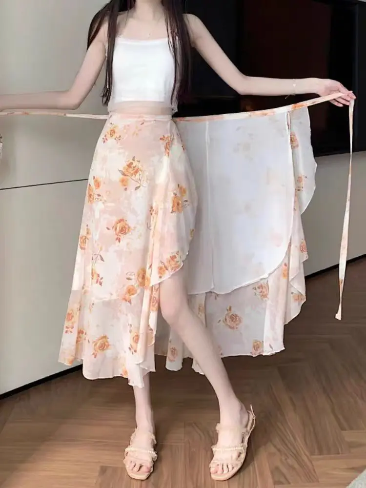 2025 Summer New One-Piece Floral Chiffon Skirt Women Elegant Wrap Hemline Ruffled Midi Skirt with Tie Waist