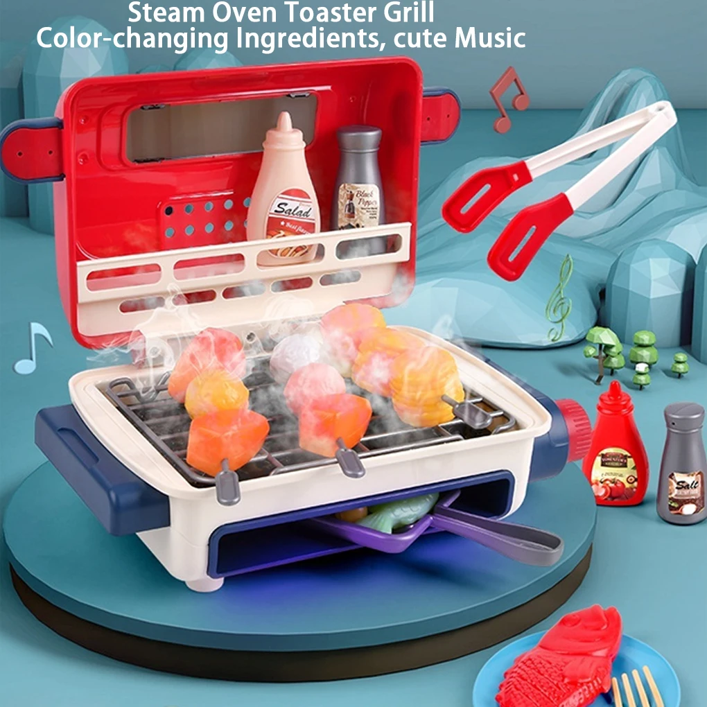 Kids BBQ Grill Toy with Spray Light Sound Barbecue Kitchen Cooking Playset with Realistic Spray BBQ Educational Toys