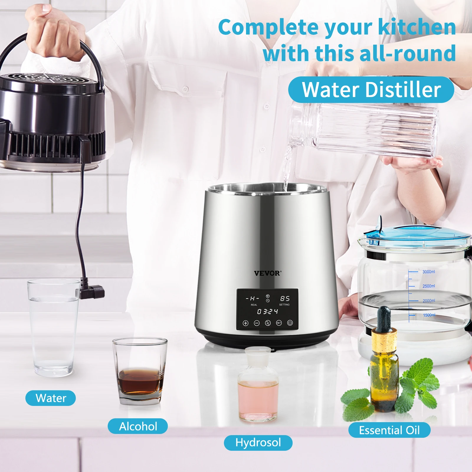 VEVOR Water Distiller 1 L/H 4L Distilled Water Maker with 0-99 H Timing 750W Countertop Water Purifier with Dual Temp Display