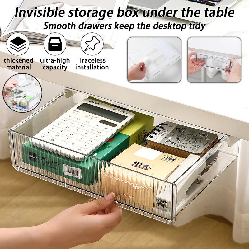 Nueva caja de almacenamiento oculta con agujeros perforados debajo del escritorio, artefacto de cajón oculto de escritorio de oficina, estante oculto debajo del escritorio